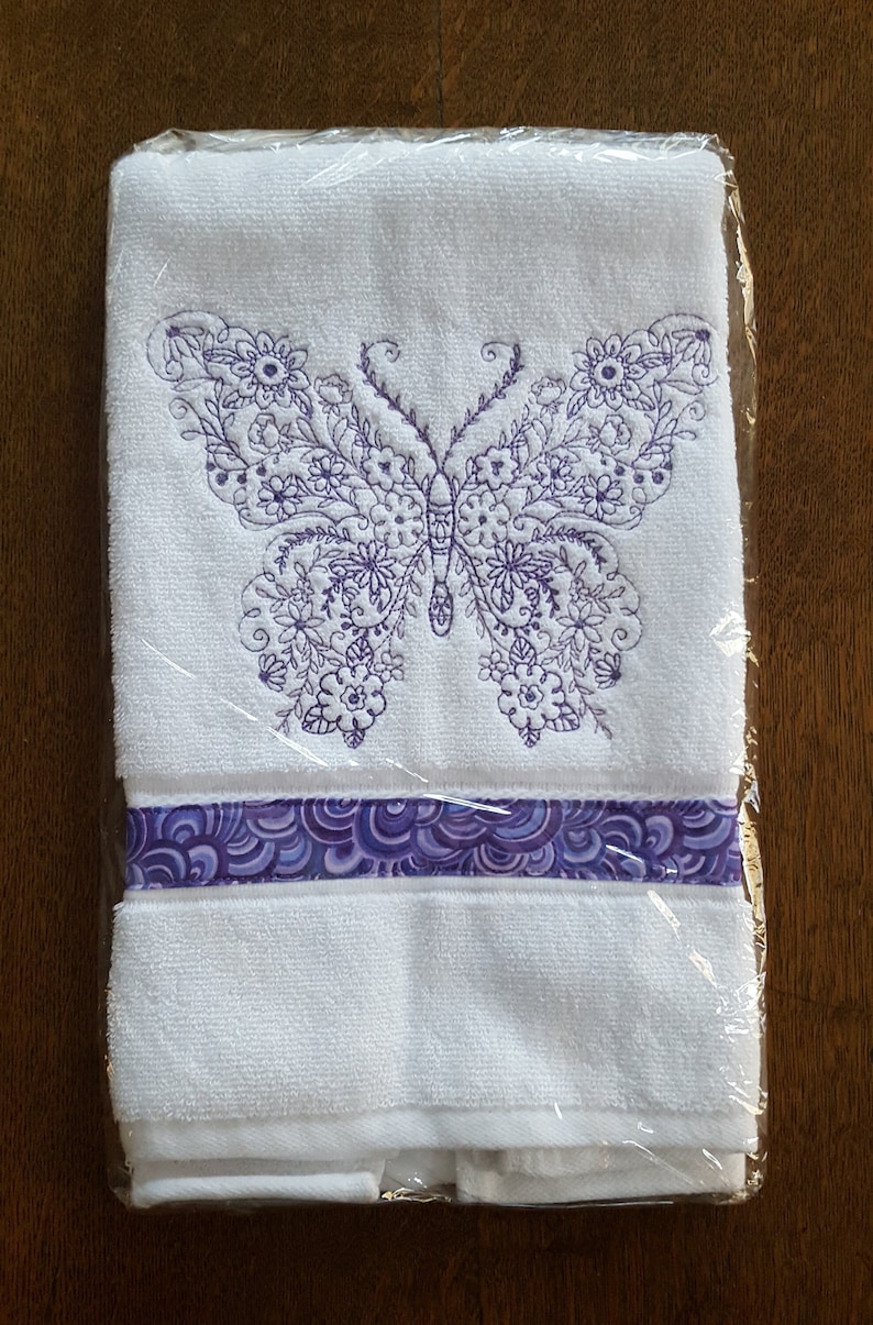 Unique lavender butterfly embroidered hand towel, lavender embroidered towel, butterfly decor, butterfly houswarming gift, gardener gift image 1