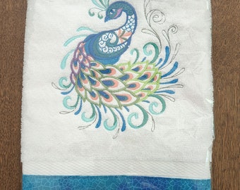 Multi-Colored Peacock Embroidered Hand Towel - Kitchen or Bathroom Peacock Towel - Housewarming Gift