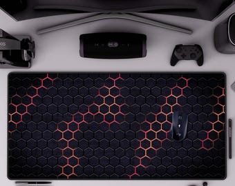 Neon Hexagon Red Gaming Desk Mat Metal Hexagon Pattern Gamer Deskmat