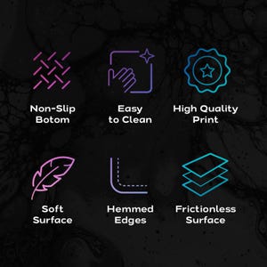 Puede incluir: Una imagen con seis iconos y texto. Los iconos son en tonos de morado y azul. El texto incluye "Non-Slip Bottom", "Easy to Clean", "High Quality Print", "Soft Surface", "Hemmed Edges" y "Frictionless Surface".