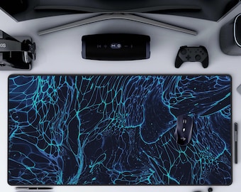 Neon Blue Gaming Desk Mat Electric Waves bioluminescence Gamer Deskmat