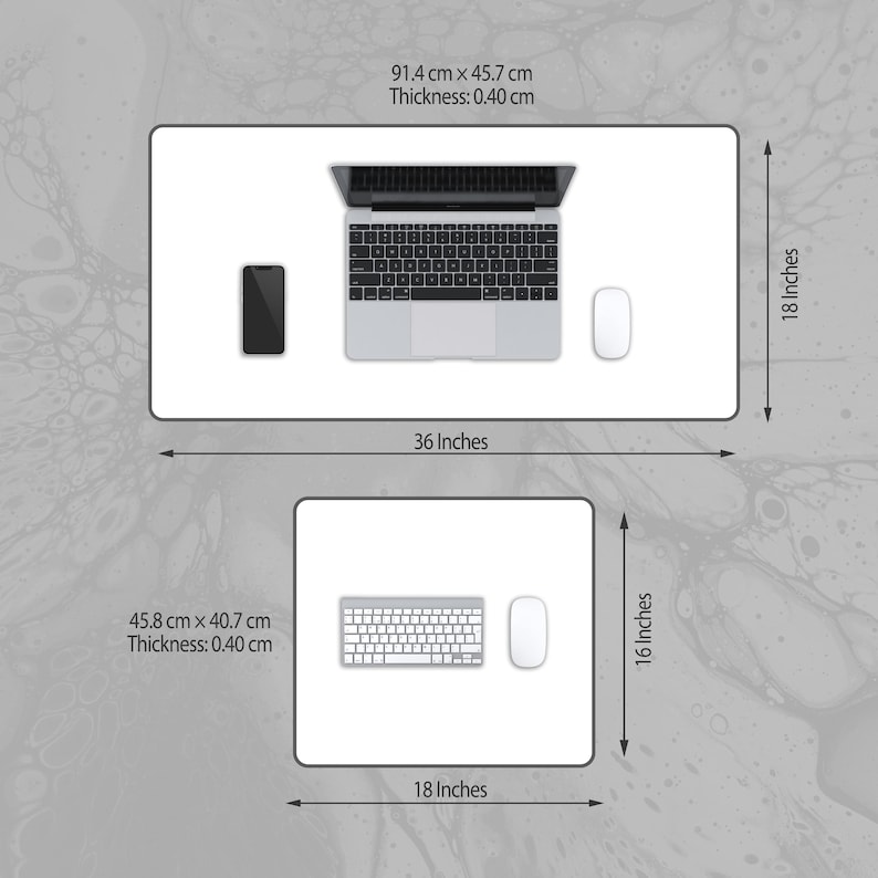 Puede incluir: Dos alfombrillas de escritorio rectangulares blancas con un port&aacute;til, un teclado, un rat&oacute;n y un tel&eacute;fono. La alfombrilla m&aacute;s grande mide 91,4 cm por 45,7 cm, y la m&aacute;s peque&ntilde;a mide 45,8 cm por 40,7 cm. El grosor de ambas alfombrillas es de 0,40 cm.