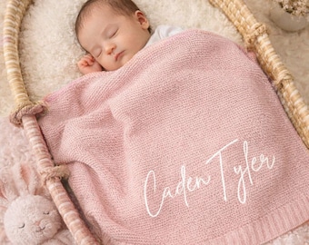 Personalized Organic Cotton Knit Baby Blanket, Embroidered Name Keepsake, Custom Baby Name Blanket, Custom Newborn Blanket