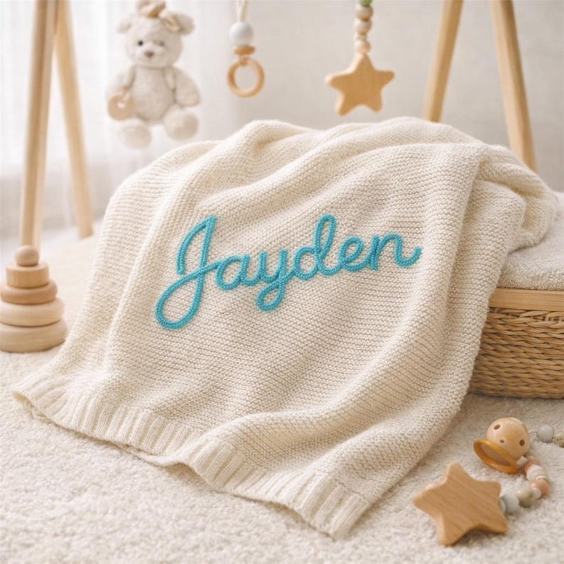May include: Cream-colored knitted baby blanket with the name "Jayden" embroidered in turquoise script. The blanket is folded and resting on a white rug, with wooden baby toys in the background.