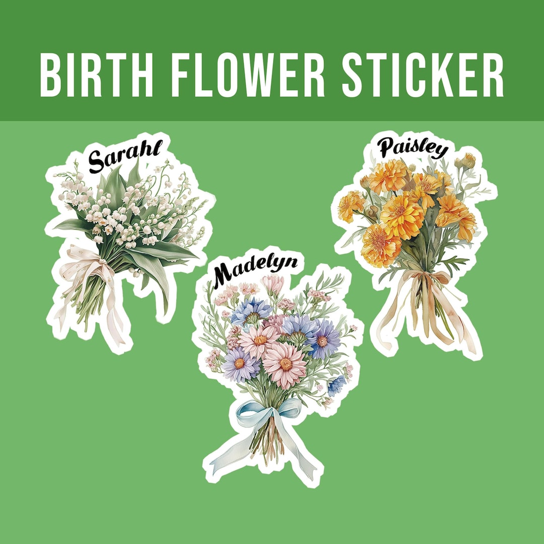 Custom Birth Flower Stickers, Personalized Name Floral Decal ...
