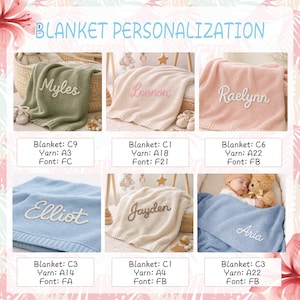 May include: A display of personalized baby blankets in various colors, including green, pink, and blue. Each blanket features a name embroidered in a complementary color. The text "BLANKET PERSONALIZATION" is at the top.