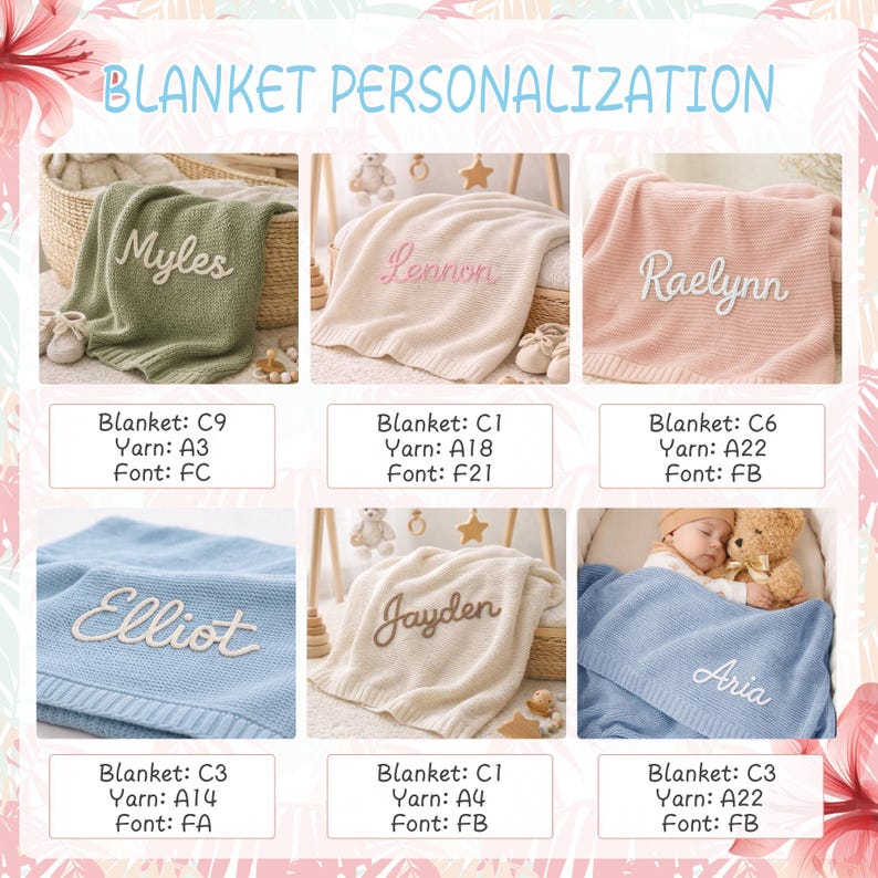 May include: A display of personalized baby blankets in various colors, including green, pink, and blue. Each blanket features a name embroidered in a complementary color. The text "BLANKET PERSONALIZATION" is at the top.