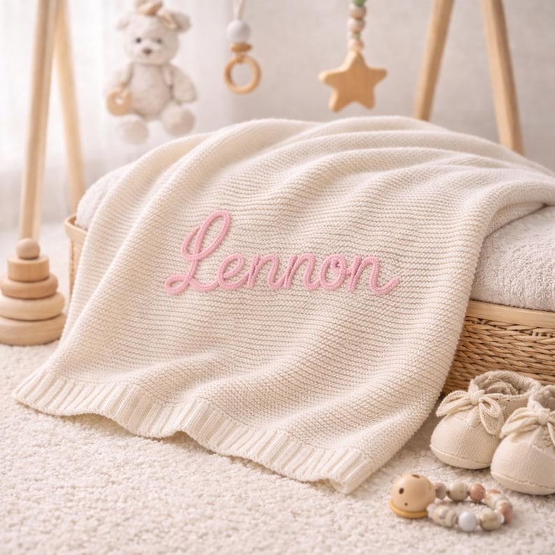 May include: Cream-colored knitted baby blanket with the name "Lennon" embroidered in pink script. The blanket is folded over a wicker basket, with baby shoes and a wooden toy nearby. A teddy bear and wooden mobile are in the background.