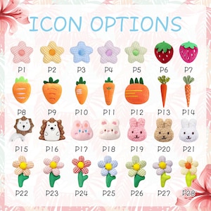 May include: A collection of colorful fabric icons, including flowers, strawberries, carrots, hedgehogs, rabbits, and more. The text "ICON OPTIONS" is displayed at the top. Each icon is labeled with a "P" followed by a number.