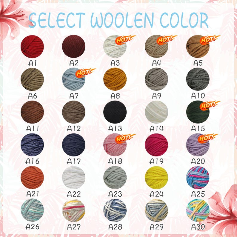 May include: Image displaying a color chart of woolen yarn balls. The text at the top reads "SELECT WOOLEN COLOR." Each yarn ball is labeled with a letter and number combination, with several marked as "HOT!" Colors range from red to blue, green, and yellow.