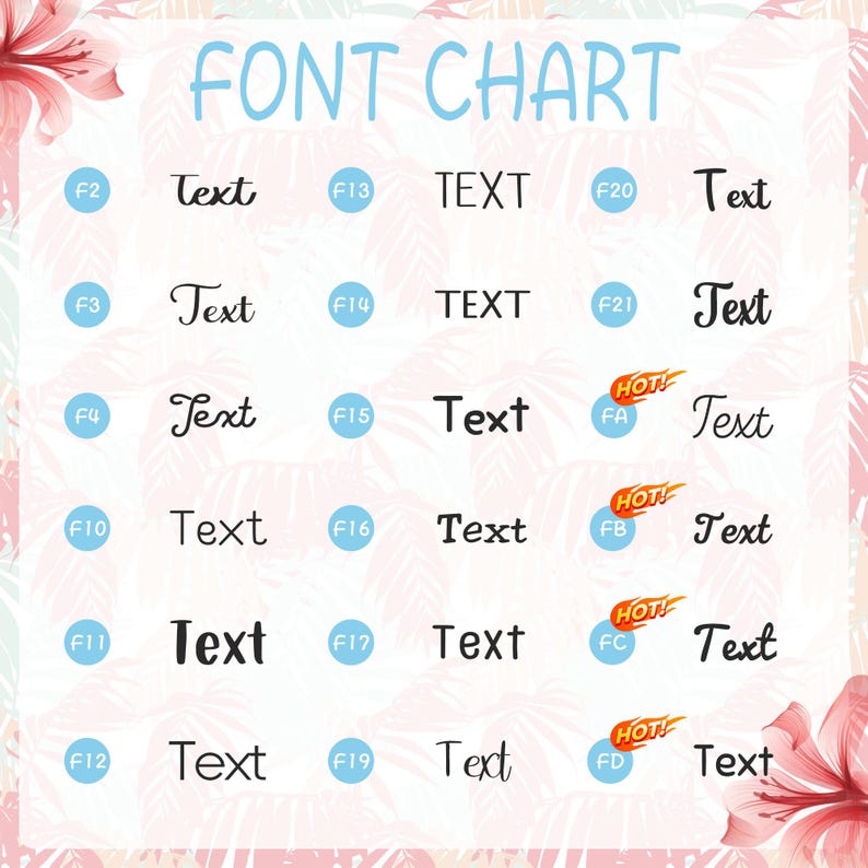 May include: A font chart with the title "FONT CHART" in light blue. The chart displays various text samples in different fonts, each labeled with a font number. The background features a floral and leaf pattern in pink and white.