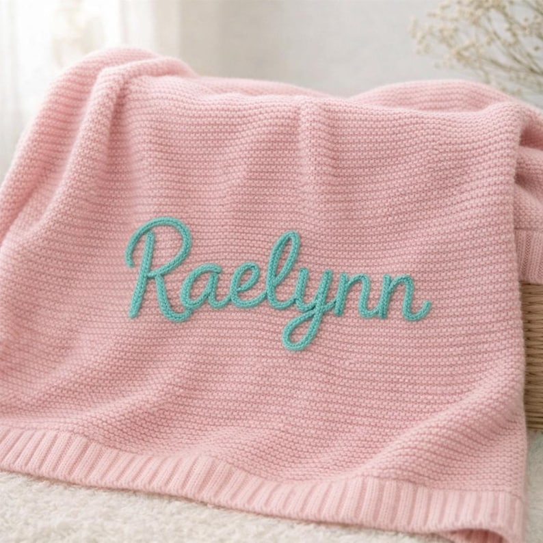 May include: A soft, pink knitted blanket with the name "Raelynn" embroidered in a teal script font. The blanket is folded and draped, showcasing its texture and design. The blanket is a baby blanket.