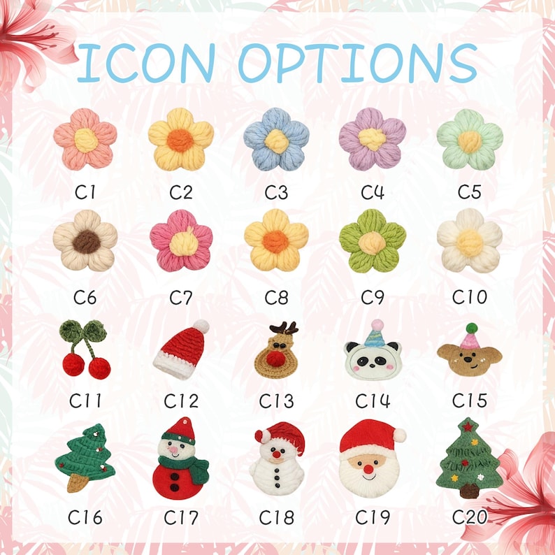 May include: A collection of crochet appliques in various shapes and colors, including flowers, a Santa Claus face, and a Christmas tree. The text "ICON OPTIONS" is displayed at the top of the image, with each applique labeled with a "C" followed by a number.