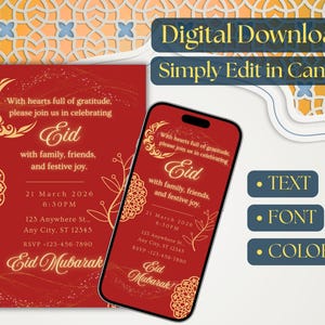 Luxury Eid Mubarak invitation featuring red background and gold Islamic patterns, editable Eid party invite and evite for Eid. Editable Eid party invitation template, editable in Canva, digital download.