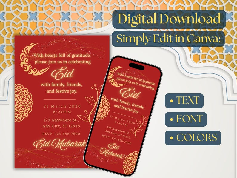 Luxury Eid Mubarak invitation featuring red background and gold Islamic patterns, editable Eid party invite and evite for Eid. Editable Eid party invitation template, editable in Canva, digital download.