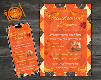 Bearbeitbares Friendsgiving Abendessen, Einladung zur Thanksgiving-Party, gemütliches Herbstpottluck, Canva-Vorlage & digitales Evite