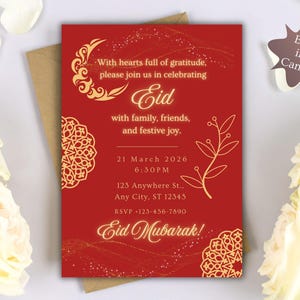Luxury Eid Mubarak invitation featuring red background and gold Islamic patterns, editable Eid party invite and evite for Eid. Editable Eid party invitation template, editable in Canva, digital download.