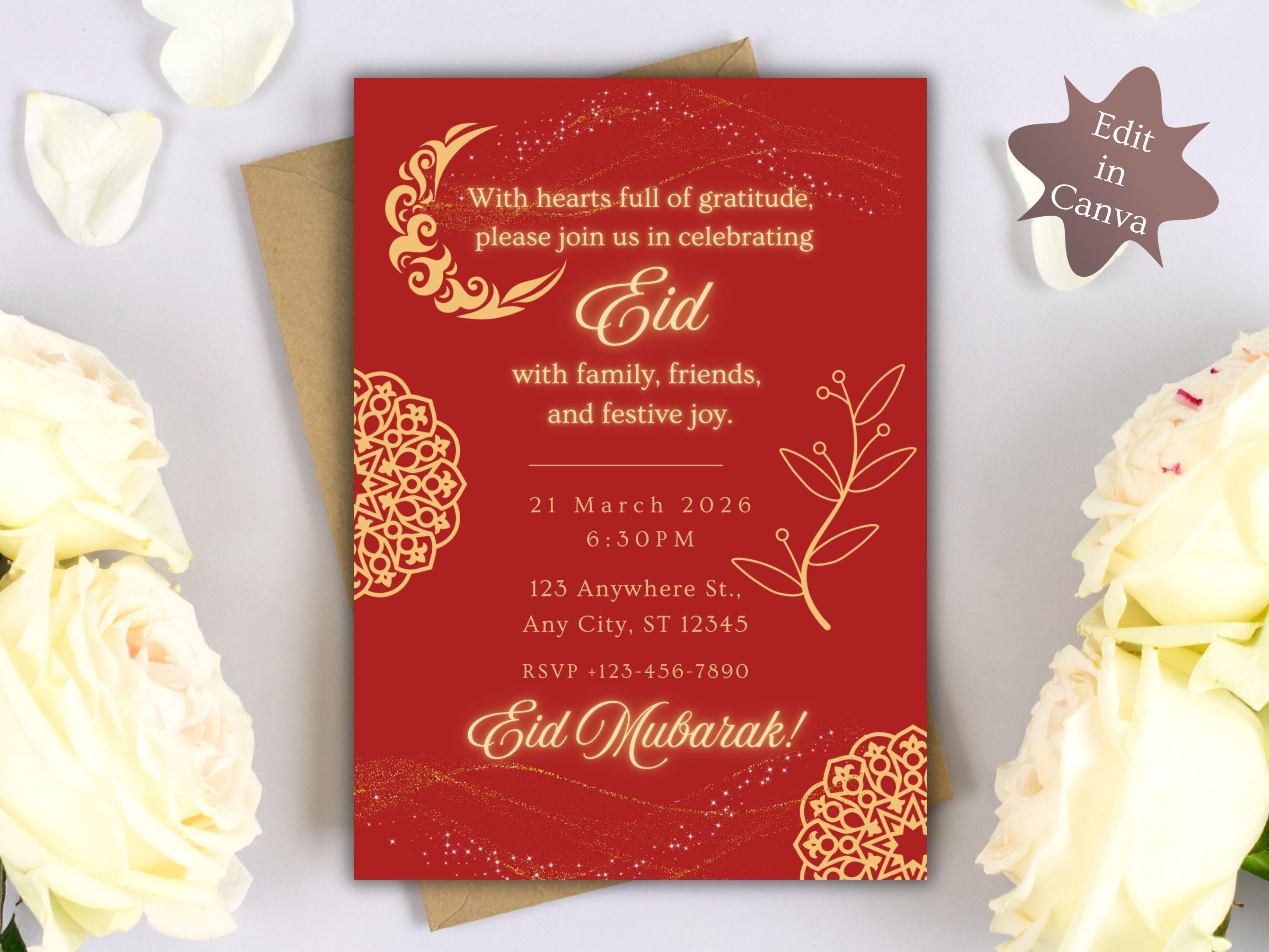 Editable Eid Party Invitation Template 5x7 | Eid Mubarak Invite and ...