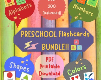 Printable Preschool Flashcard Bundle, Kids Learning Bundle, Alphabet Numbers Shapes Colors Flashcards,  Digital Printable toddler bundle