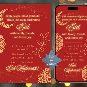 Luxury Eid Mubarak invitation featuring red background and gold Islamic patterns, editable Eid party invite and evite for Eid. Editable Eid party invitation template, editable in Canva, digital download.