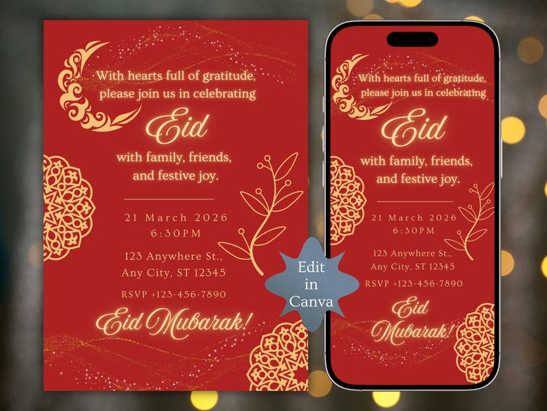 Luxury Eid Mubarak invitation featuring red background and gold Islamic patterns, editable Eid party invite and evite for Eid. Editable Eid party invitation template, editable in Canva, digital download.