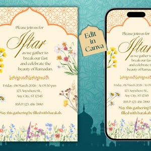 Floral Iftar party invitation editable template with Islamic arch design, Ramadan Kareem digital download, printable invite and evite.