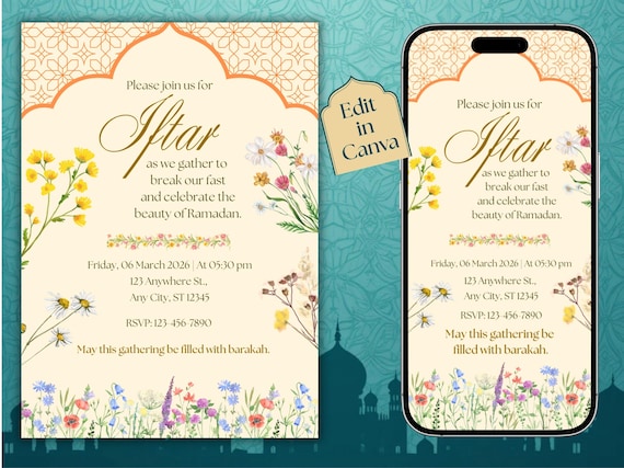 Iftar Party Invitation Editable Template | Floral Ramadan Iftar Dinner Invite | Printable Digital Download | Muslim Ramadan Kareem Evite