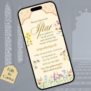 Floral Iftar party invitation editable template with Islamic arch design, Ramadan Kareem digital download, printable invite and evite.
