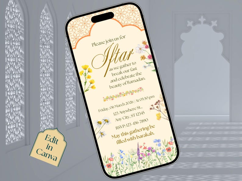 Floral Iftar party invitation editable template with Islamic arch design, Ramadan Kareem digital download, printable invite and evite.