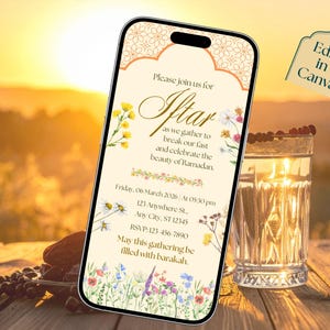 Floral Iftar party invitation editable template with Islamic arch design, Ramadan Kareem digital download, printable invite and evite.