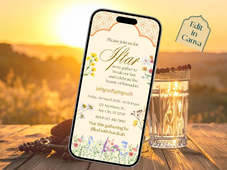 Floral Iftar party invitation editable template with Islamic arch design, Ramadan Kareem digital download, printable invite and evite.