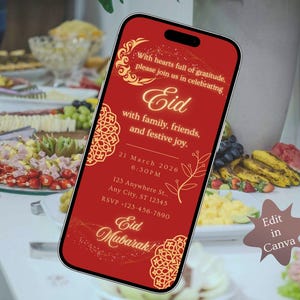 Luxury Eid Mubarak invitation featuring red background and gold Islamic patterns, editable Eid party invite and evite for Eid. Editable Eid party invitation template, editable in Canva, digital download.