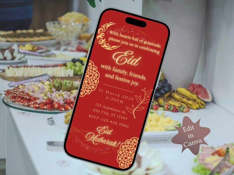 Luxury Eid Mubarak invitation featuring red background and gold Islamic patterns, editable Eid party invite and evite for Eid. Editable Eid party invitation template, editable in Canva, digital download.