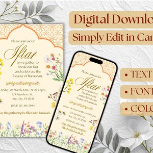 Floral Iftar party invitation editable template with Islamic arch design, Ramadan Kareem digital download, printable invite and evite.
