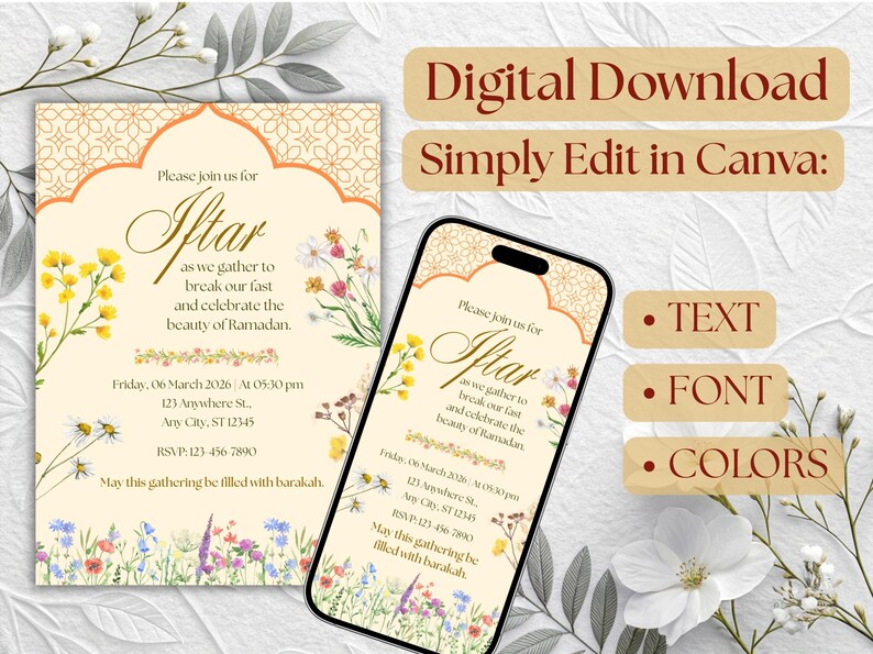 Floral Iftar party invitation editable template with Islamic arch design, Ramadan Kareem digital download, printable invite and evite.