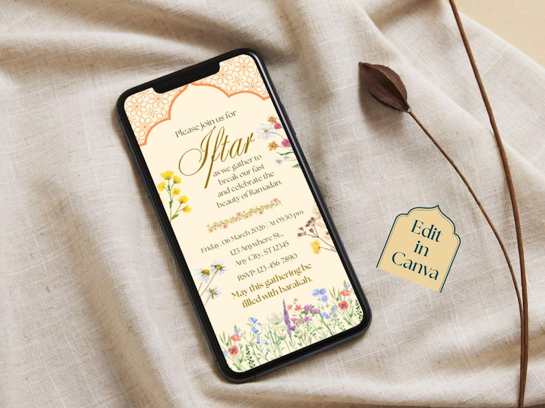 Floral Iftar party invitation editable template with Islamic arch design, Ramadan Kareem digital download, printable invite and evite.