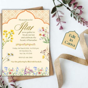 Floral Iftar party invitation editable template with Islamic arch design, Ramadan Kareem digital download, printable invite and evite.