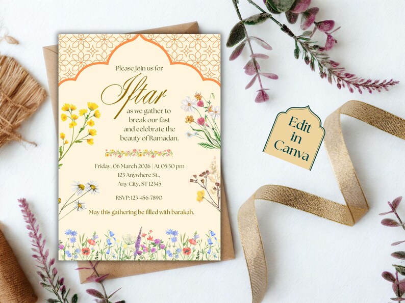 Floral Iftar party invitation editable template with Islamic arch design, Ramadan Kareem digital download, printable invite and evite.