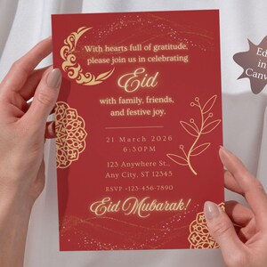 Luxury Eid Mubarak invitation featuring red background and gold Islamic patterns, editable Eid party invite and evite for Eid. Editable Eid party invitation template, editable in Canva, digital download.