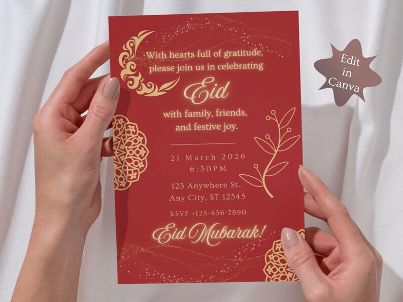 Luxury Eid Mubarak invitation featuring red background and gold Islamic patterns, editable Eid party invite and evite for Eid. Editable Eid party invitation template, editable in Canva, digital download.