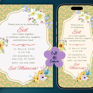 Puede incluir: Un diseño de invitación para las celebraciones de Eid, con arreglos florales y bordes decorativos. El texto incluye la fecha, la hora y la información de RSVP. El diseño se muestra en una tarjeta y en la pantalla de un smartphone.