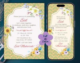 Könnte beinhalten: Ein Einladungsdesign für Eid-Feiern mit Blumenarrangements und dekorativen Bordüren. Der Text enthält Datum, Uhrzeit und RSVP-Informationen. Das Design wird auf einer Karte und einem Smartphone-Bildschirm angezeigt.
