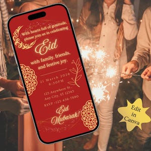 Luxury Eid Mubarak invitation featuring red background and gold Islamic patterns, editable Eid party invite and evite for Eid. Editable Eid party invitation template, editable in Canva, digital download.