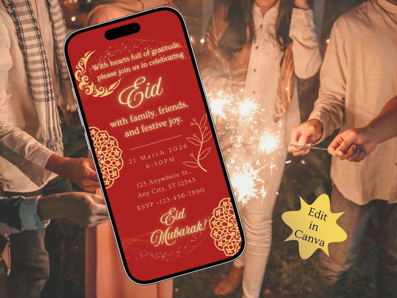 Luxury Eid Mubarak invitation featuring red background and gold Islamic patterns, editable Eid party invite and evite for Eid. Editable Eid party invitation template, editable in Canva, digital download.