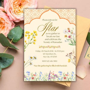 Floral Iftar party invitation editable template with Islamic arch design, Ramadan Kareem digital download, printable invite and evite.