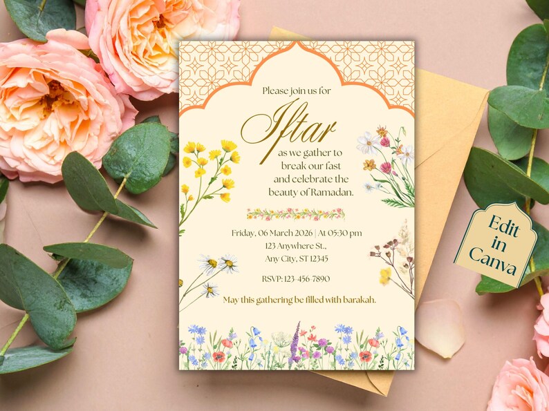 Floral Iftar party invitation editable template with Islamic arch design, Ramadan Kareem digital download, printable invite and evite.