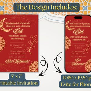 Luxury Eid Mubarak invitation featuring red background and gold Islamic patterns, editable Eid party invite and evite for Eid. Editable Eid party invitation template, editable in Canva, digital download.
