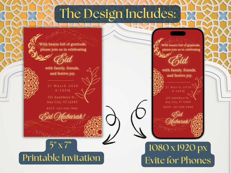 Luxury Eid Mubarak invitation featuring red background and gold Islamic patterns, editable Eid party invite and evite for Eid. Editable Eid party invitation template, editable in Canva, digital download.