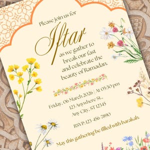 Floral Iftar party invitation editable template with Islamic arch design, Ramadan Kareem digital download, printable invite and evite.