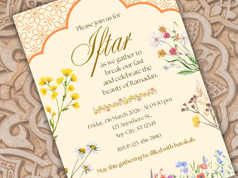 Floral Iftar party invitation editable template with Islamic arch design, Ramadan Kareem digital download, printable invite and evite.